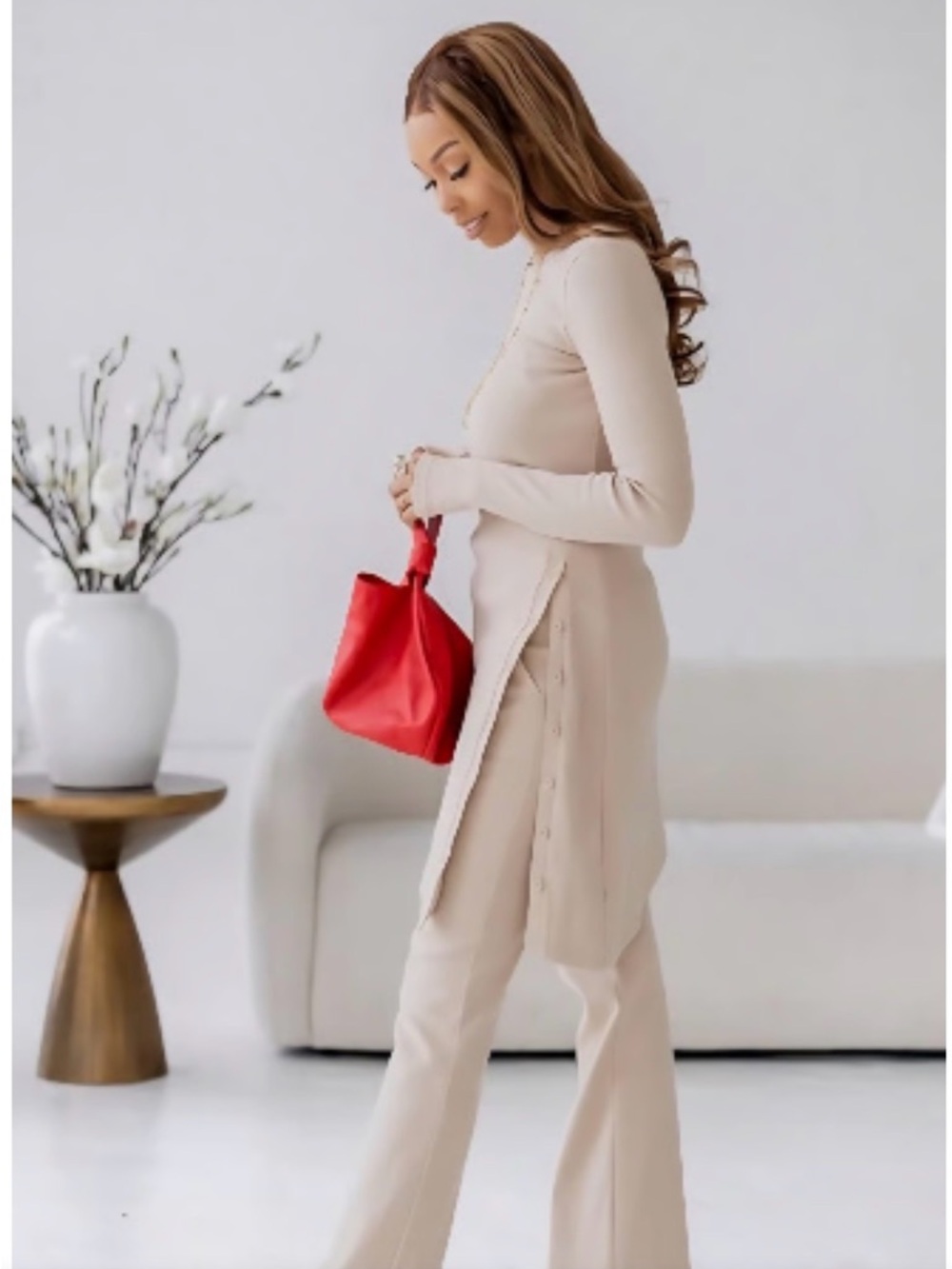 Asymmetrical Beige Long-Sleeve Knit Dress with Side Button Detail - Picture 3 of 16